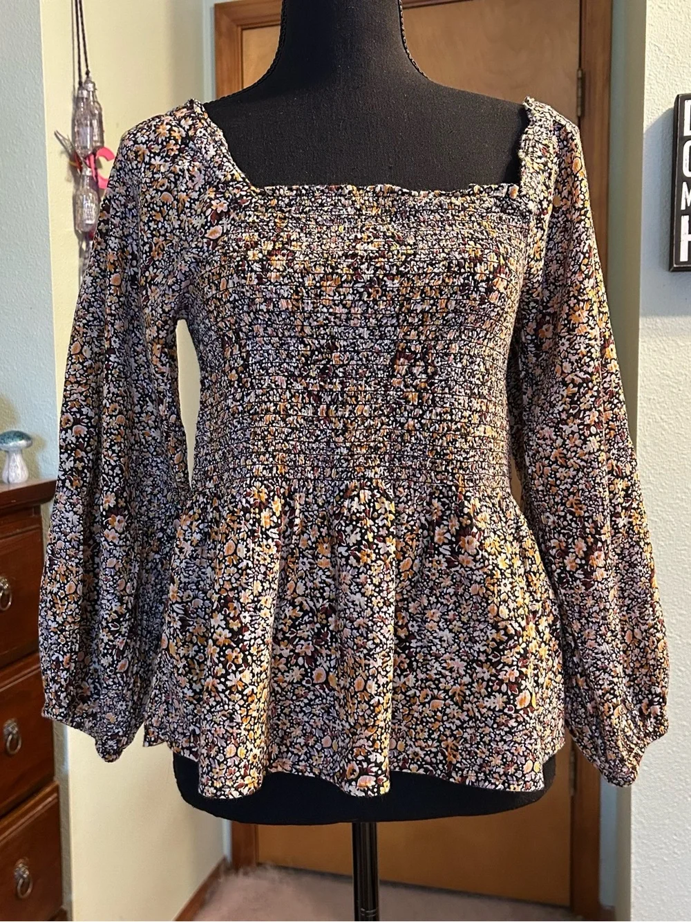 Madewell Lucie Floral Smocked top long puff sleeve square neck ruffles size 4